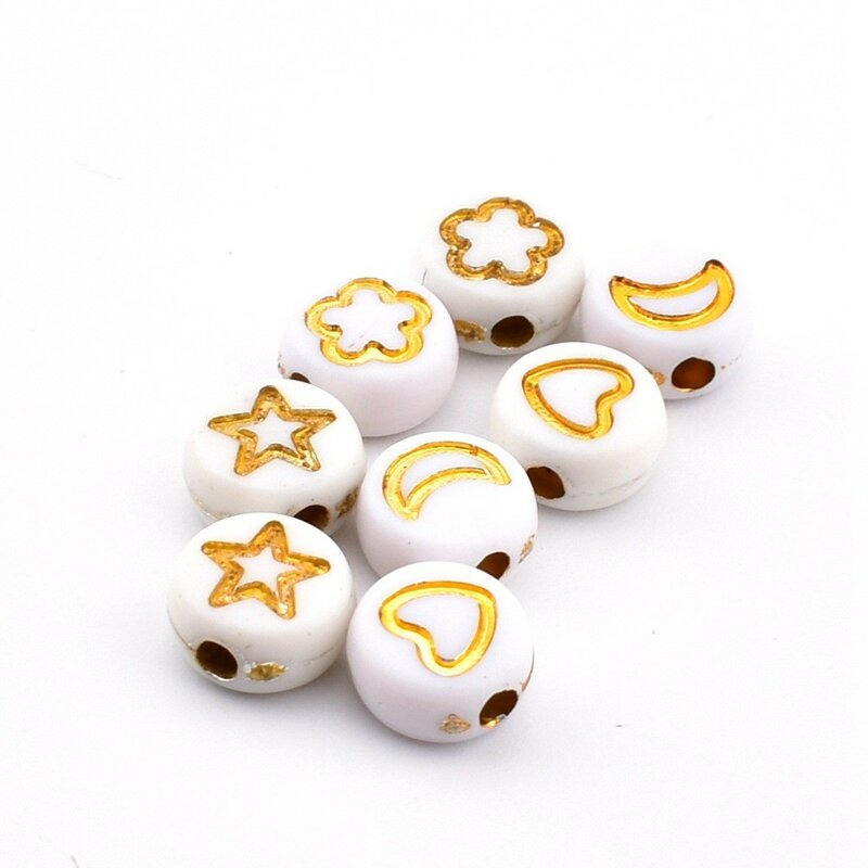 Perles Rondes en Acrylique pour la Fabrication de Bijoux, Fond Blanc, Lettre d'Or, Graphique, 7x4x1mm, 50 Pièces/Lot