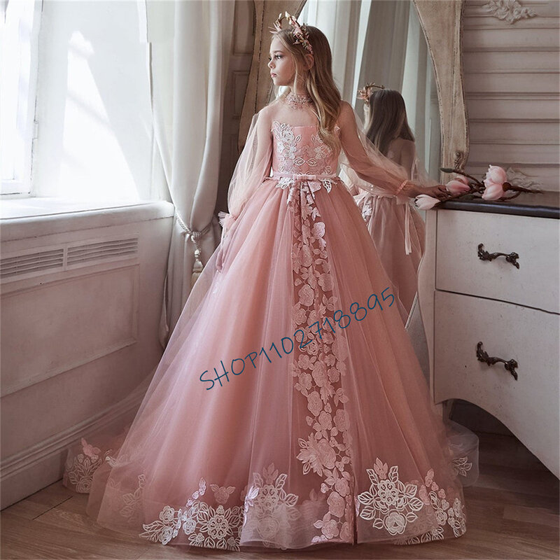 Wspaniały tiulowy nadruk koronkowy kwiat księżniczki sukienki dla dziewczynek bal weselny pierwsza komunia suknie prezent urodzinowy