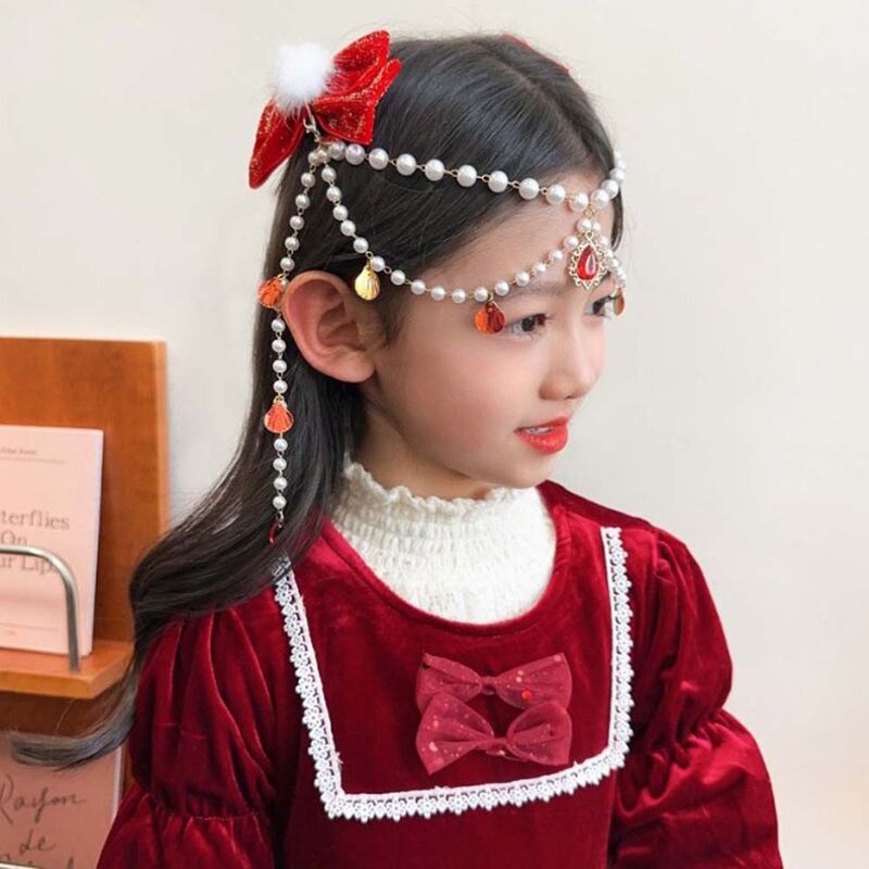 New Year Red Bow Plush Ball Hairpin Girl Princess Children's Red Bowknot Tassel Hair Clip Headwear Headdress