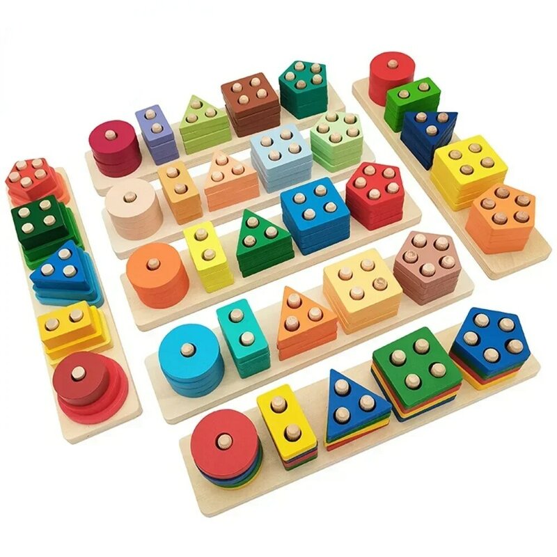 Montessori mainan kayu anak-anak blok bangunan geometris mainan susun pemilahan bentuk edukasi bayi penyortir warna hadiah Prasekolah