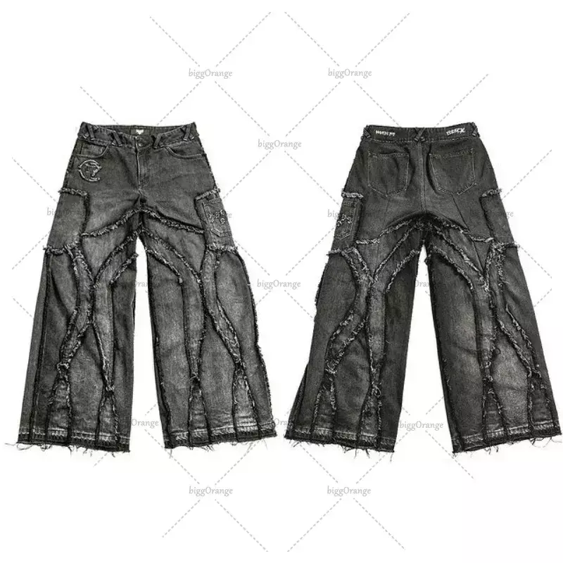 Solid Color Y2K Punk Jeans Men's American Retro High Waisted Wide Leg Pants 2023 Gothic Hip Hop Harajuku Style Loose Jeans