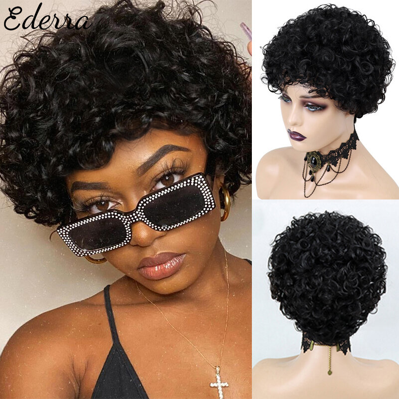 Peluca de cabello humano con corte Pixie para mujeres negras, pelo corto y rizado, barato, máquina completa, sin pegamento