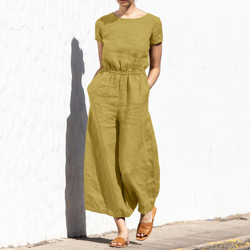Vintage Solid Color Short Sleeves Jumpsuits Women Spring Summer New Fashion Casual Loose Simple Style Ladies Jumpsuit Streetwear
