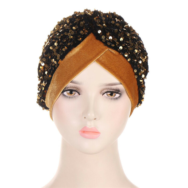 Turbante de lentejuelas con purpurina para mujer, gorro de quimio, de Color sólido Hijab, envoltura para la cabeza, pañuelo para la cabeza elegante, diadema elástica