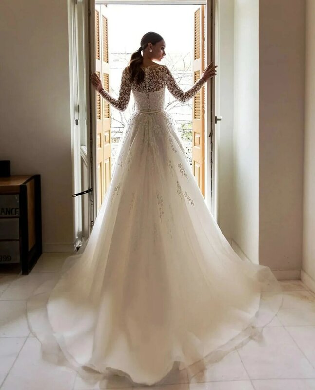 Gorgeous Sexy Round Neck Long Sleeves Fluffy Mopping Wedding Dresses Luxury Beautiful Ball Gowns Robe Appliques Lace Bride 2023