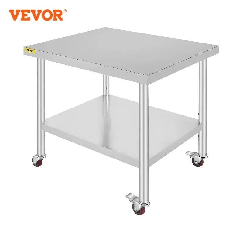 VEVOR Stainless Steel Kitchen Prep Table With 4 Caster Wheels & Backsplash Loads Up to 100KG-300KG for Home Storage Rack Dining