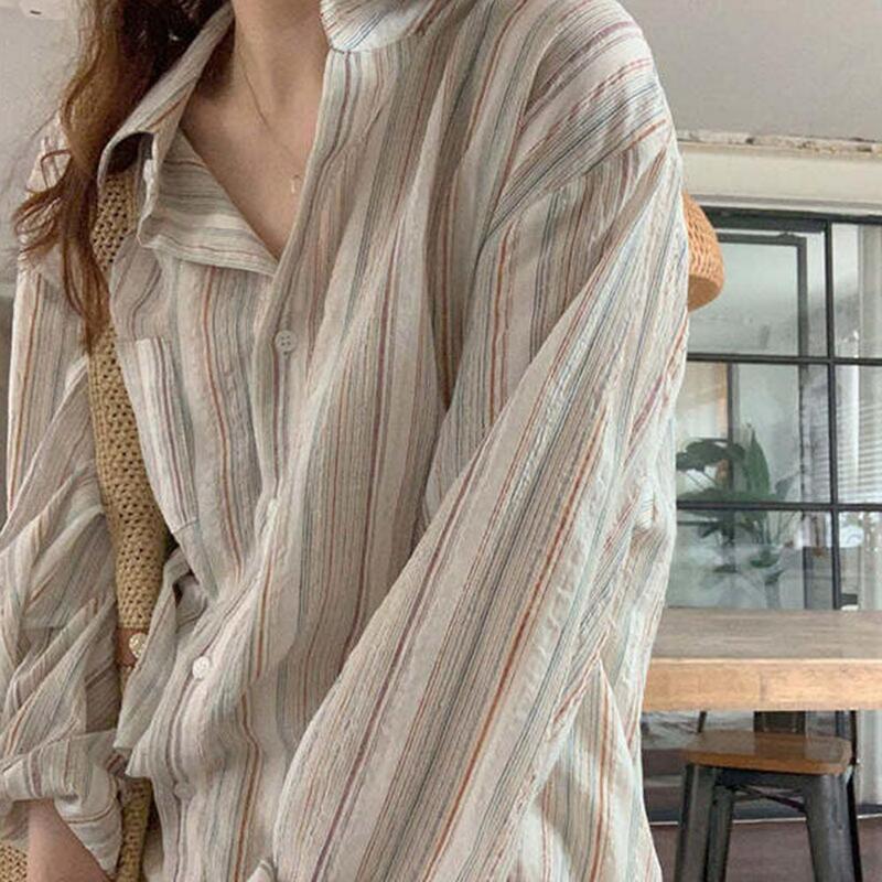 Women Regular Fit Shirt Retro-inspired Women's Shirt Color-blocked Stripes Patch Pocket Single Breasted Style Classic Collar