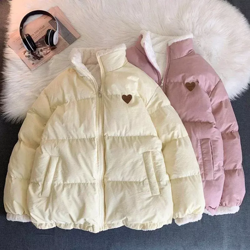 JMPRS-귀여운 자수 파카 코트, 한국 패션, 두껍고 따뜻한 양면 디자인, 핑크, 학생 의류, 겨울