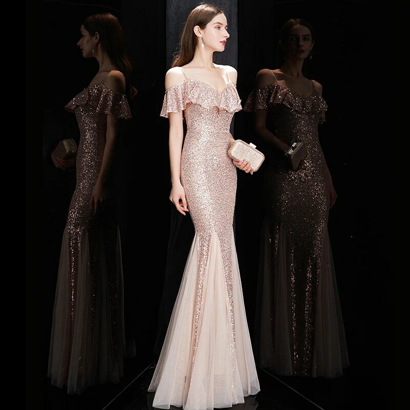 Vestido de dama de honor con luz de cola de pez, vestido de noche de lujo de gama alta, un hombro, vestido brillante para banquete, nuevo, 2024