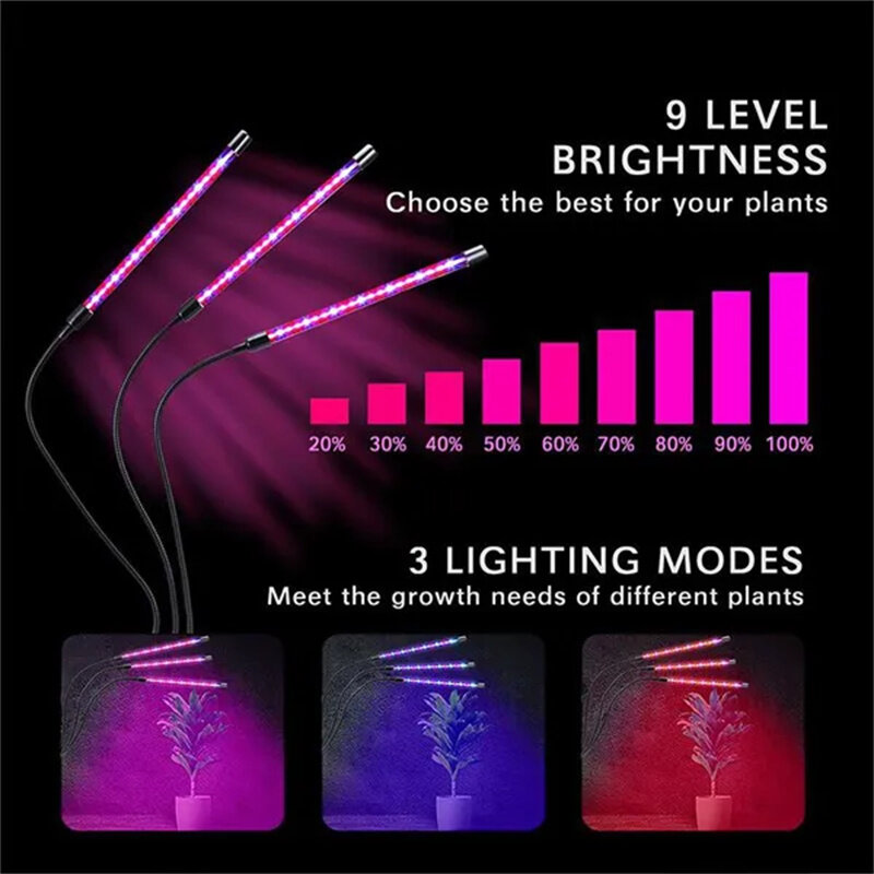 USB 식물 성장 램프, 타이머 포함, 1-4 헤드, 풀 스펙트럼 LED 성장 조명, 조광 가능 피토 다육 램프, 보충 조명 램프
