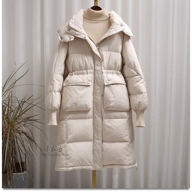 Jaqueta de comprimento médio para mulheres, parka retração da cintura, outwear emagrecedor, sobretudo com capuz quente, casaco de inverno, nova versão, 2023