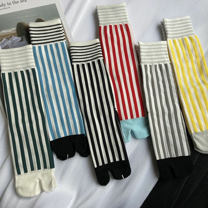 Colorido penteados algodão toe meias listrado retro moda feminina tabi meias harajuku japonês médio tubo esportes dividir toe meias