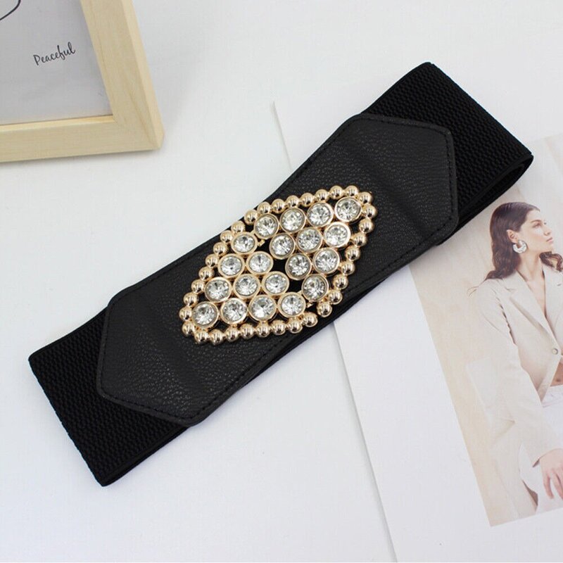 Cinturón con diamantes de imitación para mujer, hebilla de Metal negra cómoda, cinturón ancho elástico, talla grande