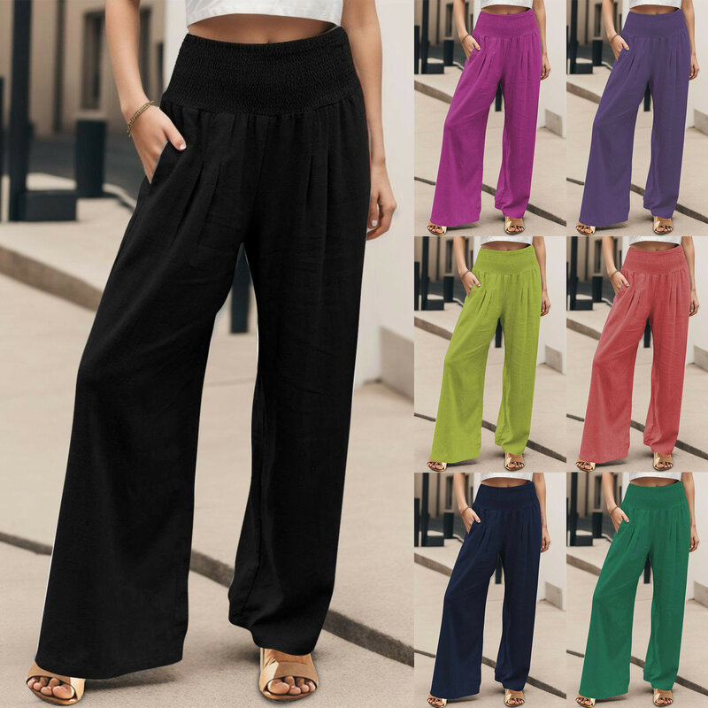 Spring Summer for Women 2024 New Women Pants Office Lady Cotton Linen Pockets Solid Loose Casual White Wide Leg Long Trousers