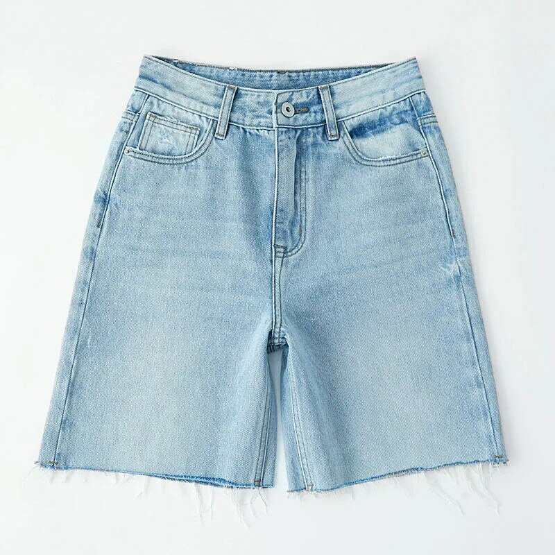 Pantalones cortos de mezclilla para mujer, Shorts azules de cintura alta, informales, de pierna ancha, Vintage, Deshilachados, 2024