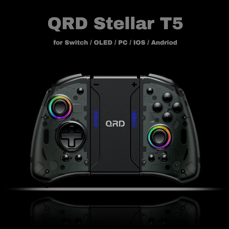 QRD จอยแพดไร้สาย T5 Stellar สำหรับสวิตช์ Nentindo /lite/oled Hall เอฟเฟกต์จอยสติ๊กไฟ LED 8สีตั้งโปรแกรมได้เทอร์โบและมาโคร