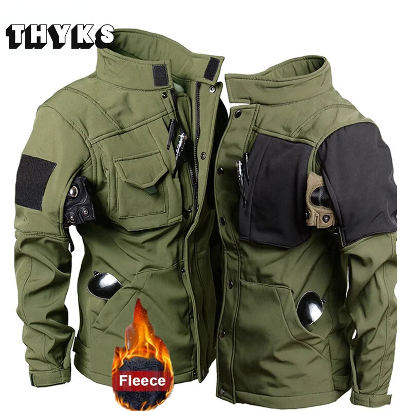 Mens Waterproof Tactical Jacket Shark Skin Soft Shell Multiple Pockets Motorcycle Jackets Fleece Warm Windproof Military Coat