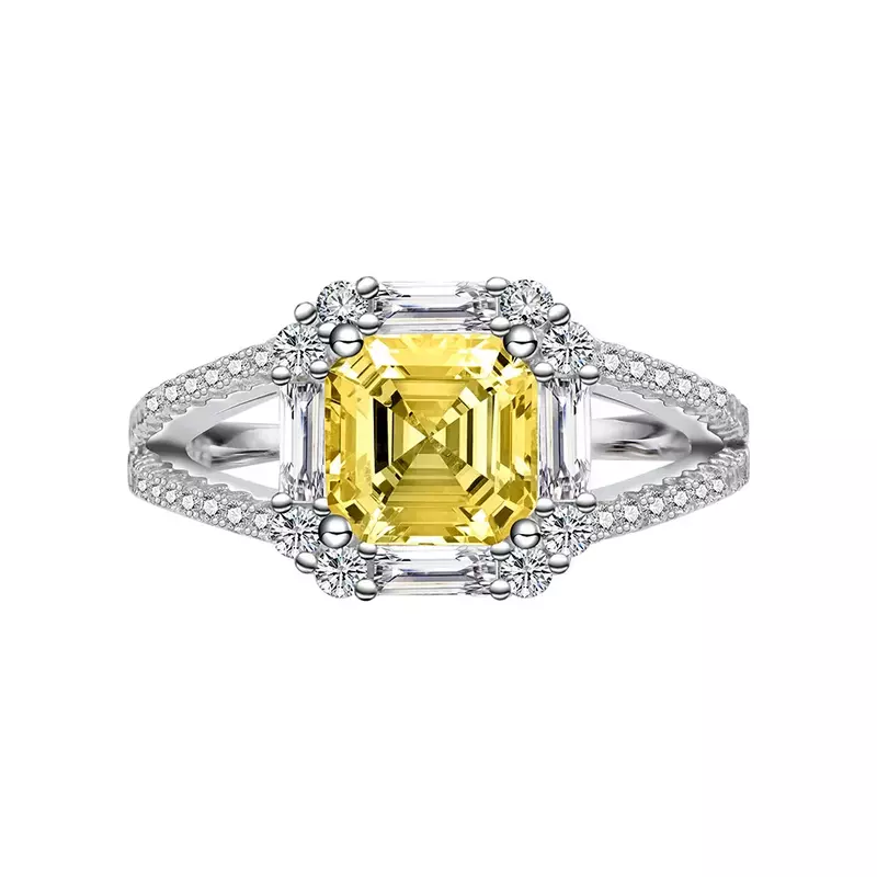 New Models Square Chamfer Ascut 7 * 7 Yellow Diamond Ring for Women S925 Pure Silver Gemstone Ring Small and Versatile Fashion