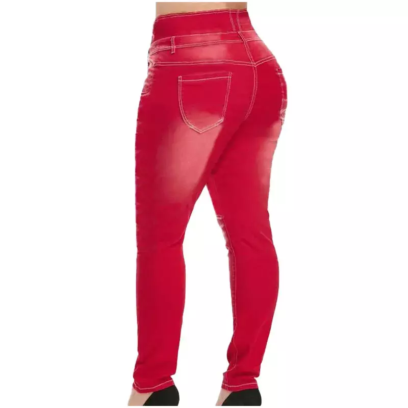 Pantalones vaqueros ajustados de cintura alta para mujer, pitillo Sexy de talla grande, con botones, color rojo, elásticos, coreanos, Primavera