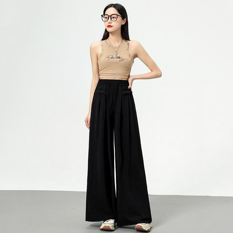 Koreanische einfache Mode übergroße Baumwolle Leinen weites Bein Hosen Frauen solide elastische hohe Taille Sommer dünne gerade Freizeit hose