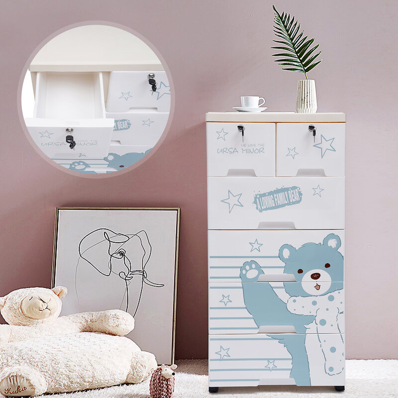 Plastic Dresser Organizer Doll Toy Storage Cabinet Floor Polar Bear Closet Children Bookcase Kids Bedroom Furniture w/ 6 Drawers