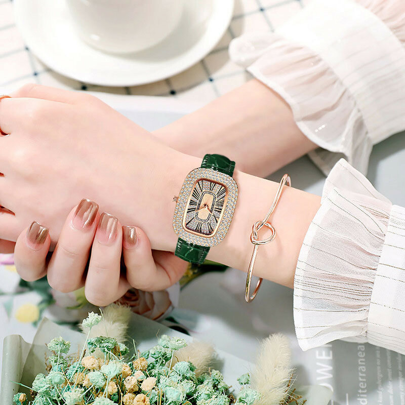 Damskie zegarki damskie mały skórzany pasek na nadgarstek luksusowy diamentowy zegarek cyfra rzymska zegarki na baterie dla pań