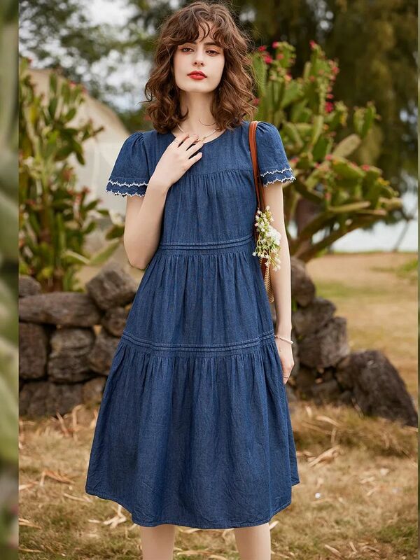 LOUIS YAO Women Denim Dress 2024 Summer 100% Cotton Embroidery Round Neck Short Sleeve Loose A-line Casual Mid Length Dress