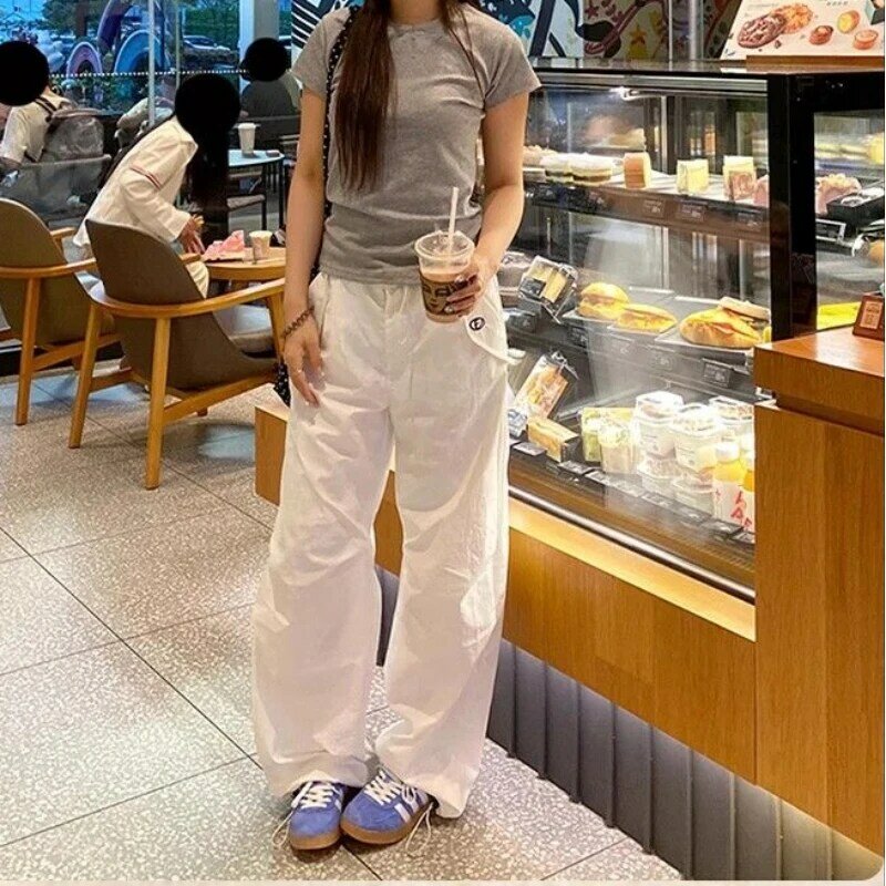 Женские винтажные брюки-карго Deeptown Y2k, свободные повседневные корейские модные белые брюки в стиле Харадзюку, прямые американские ретро брюки