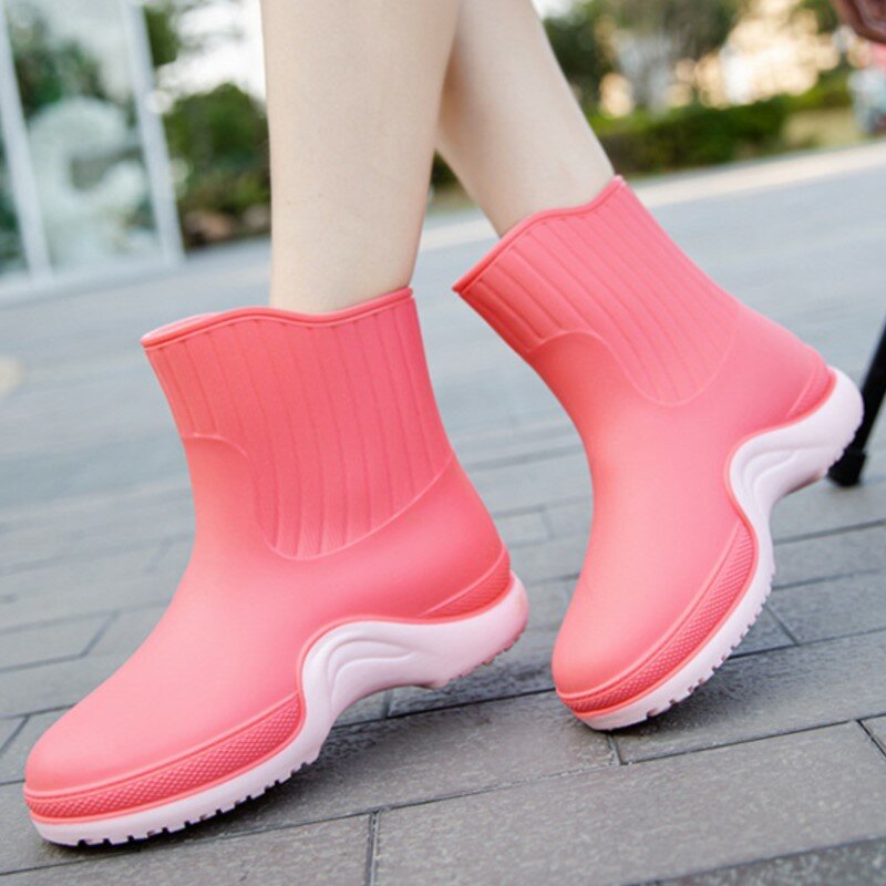 Zapatos de lluvia para las cuatro estaciones para mujer, botas de trabajo resistentes al desgaste, antideslizantes, impermeables, suela gruesa, empalme de Color