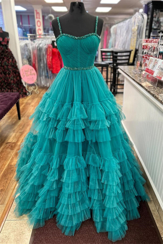Bead Spaghetti Straps Strapless Prom Dress With Tiered Ruffles Backless Formal Evening Party Sheer Corset A-line Long Ball Gowns