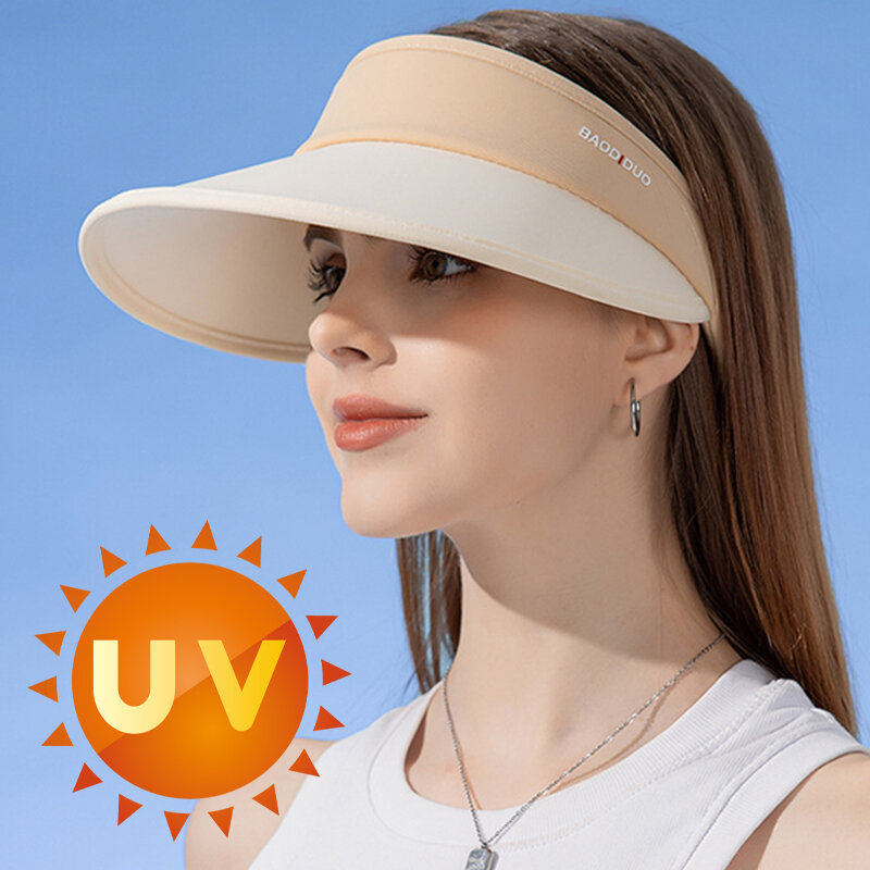 Topi pantai wanita, topi sutra es kosong atas matahari, perlindungan UV visor musim panas mode perjalanan UPF50 +