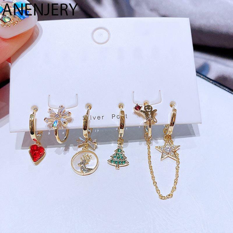 ANENJERY Silver Color Zircon Tree Elk Snowflake Hoop Earrings Ear Clip 6-piece Earring Set For Women Exquisite Jewelry Whoelsale