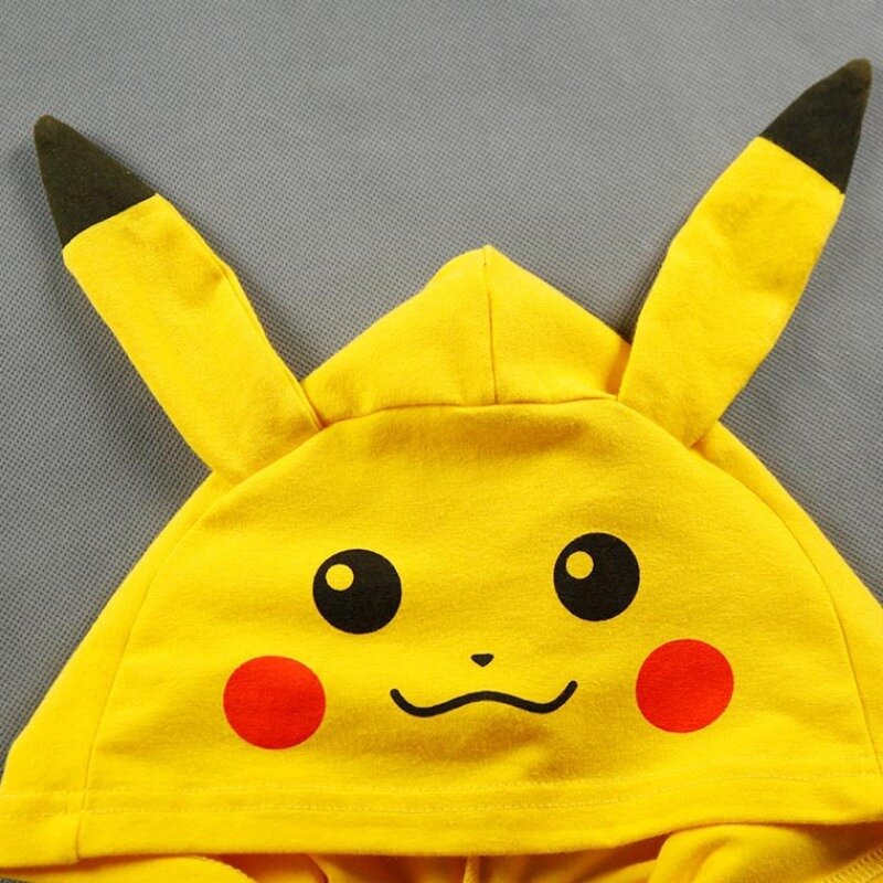 0-1 Years Old Baby Clothes Short Sleeve Hooded Pokémon Cartoon Character Pikachued Pattern Baby Clothes Summer Cool Jumpsuit