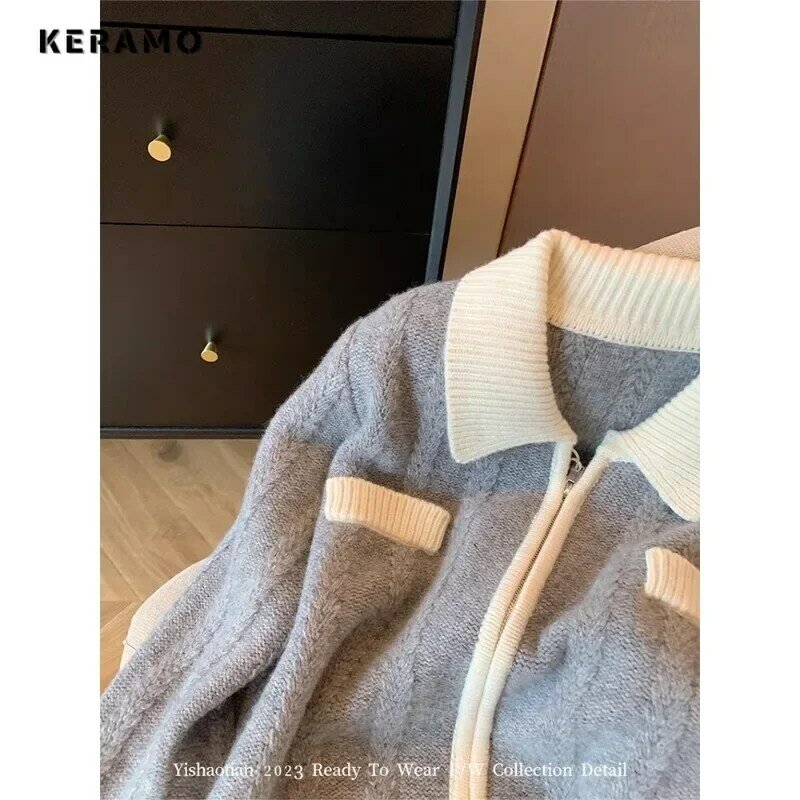 2023 Winter Knitting Long Sleeve Casual Turn Down Collar Cardigans Women Fashion Chic Patchwork Single Breasted Ladies Sweater