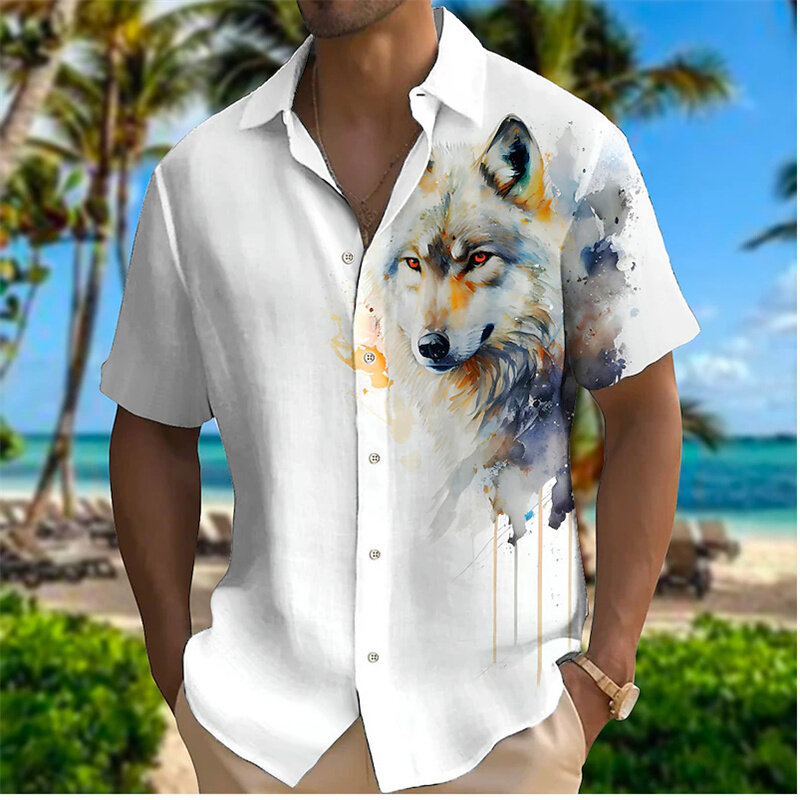 Мужская мягкая рубашка с лацканами, Повседневная Уличная рубашка с 3D принтом тигра и пуговиц, одежда с короткими рукавами, 2024