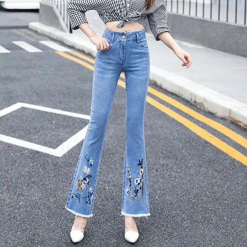 Hoge Taille Afslankende Vrouwen Cropped Flare Jeans Lente Zomer Koreaanse Nieuwe Slanke Bloemen Borduurwerk Ruwe Rand Casual Denim Broek