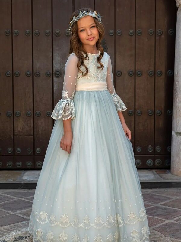 FATAPAESE-vestido de boda de algodón con volantes para niñas, cinturón de cinta Floral de encaje azul de princesa para cumpleaños