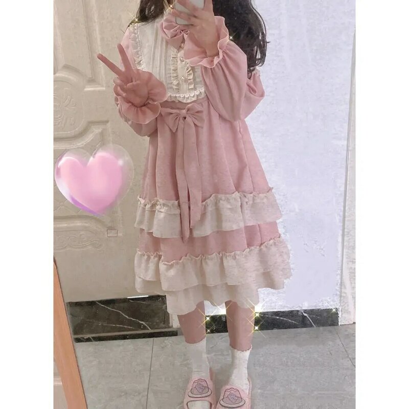 فستان نسائي بأكمام طويلة من لوليتا OP ، فساتين أميرة صغيرة للحفلات Harajuku ، مطبوع وردي ، قلب ، Kawaii ياباني ، Y2K