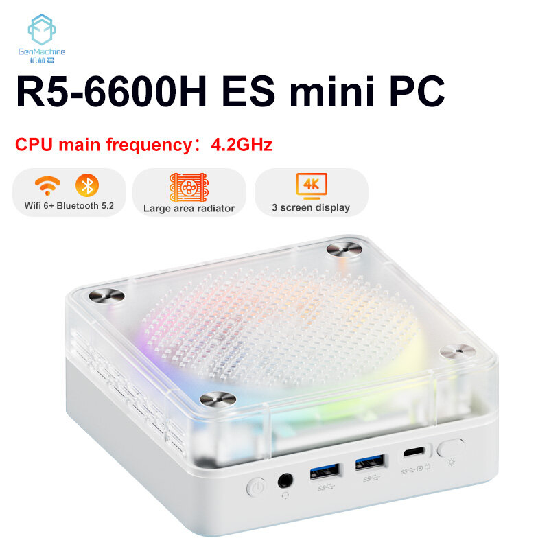 Genmachine New R5 6600H ES Mini PC Windows 11 WiFi 6 Gaming PC 6Cores 12Threads CPU Supprot DDR5 4800MHz Ram Display Computer
