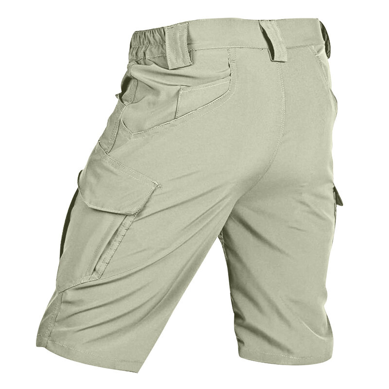 Celana pendek kargo longgar untuk pria, celana pendek kargo warna polos lurus longgar modis kasual luar ruangan musim panas dengan kantong banyak
