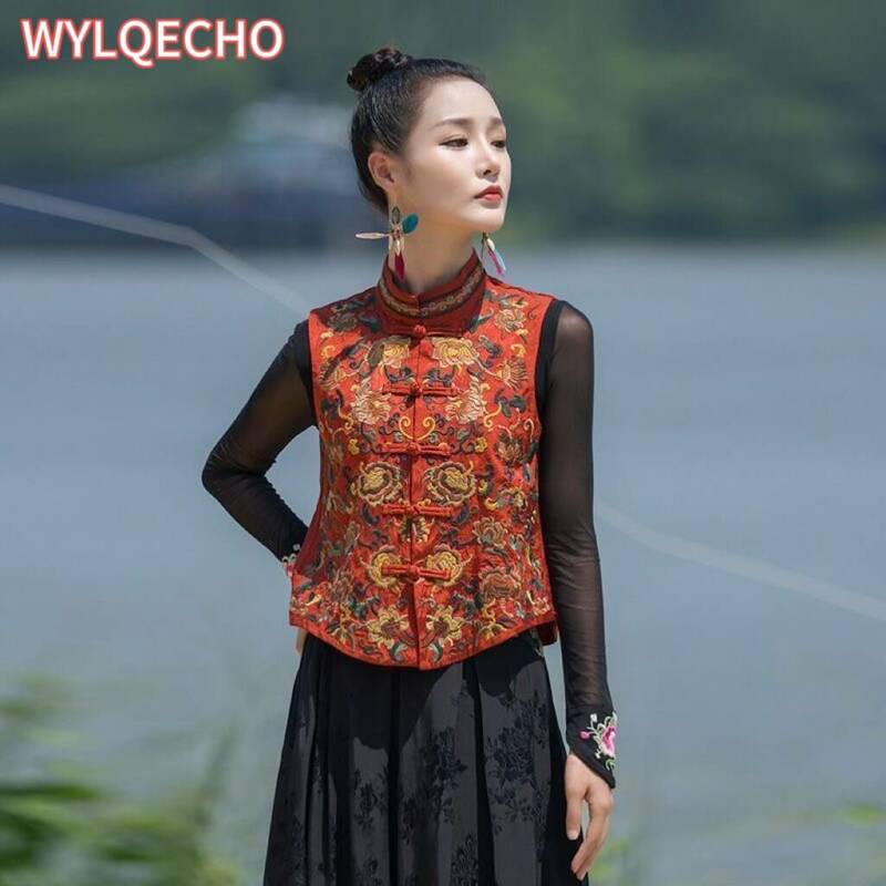 2024 chinese vintage vest national flower embroidery satin jacquard ethnic waistcoat retro sleeveless jacket vest