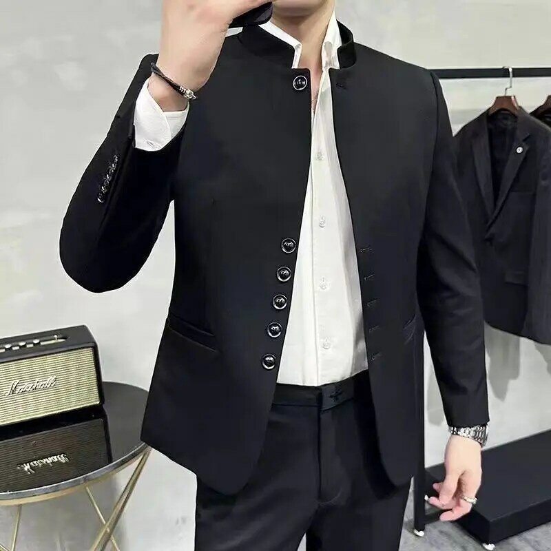 Jaqueta de terno estilo chinês masculina, de alta qualidade, bonito com gola alta, super casual, túnica jovem sem gola, nova, 2-A17