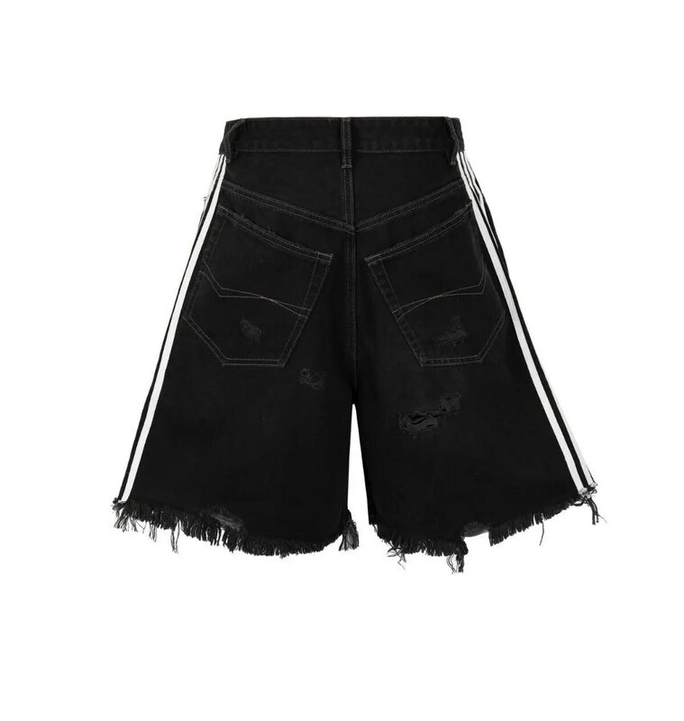 Черные джинсовые шорты в стиле хип-хоп с вырезами, мужские свободные брюки в американском уличном стиле, старые брюки из пяти частей, уличная одежда для мужчин Y2k, одежда, брюки