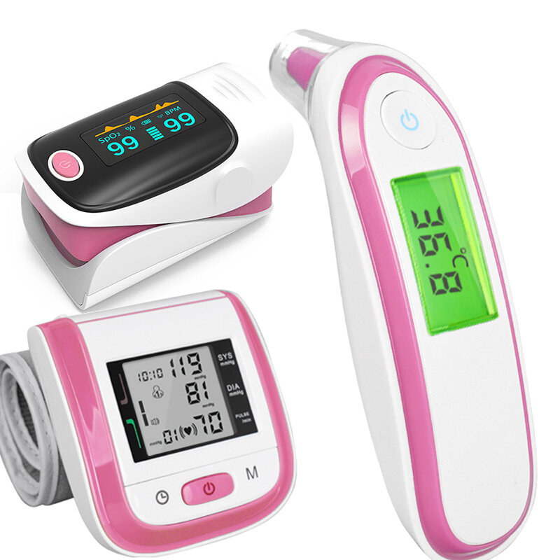 Oxímetro PR para la yema del dedo, termómetro para bebé, esfigmomanómetro de muñeca, Monitor de presión arterial, herramienta de salud familiar, 3 piezas