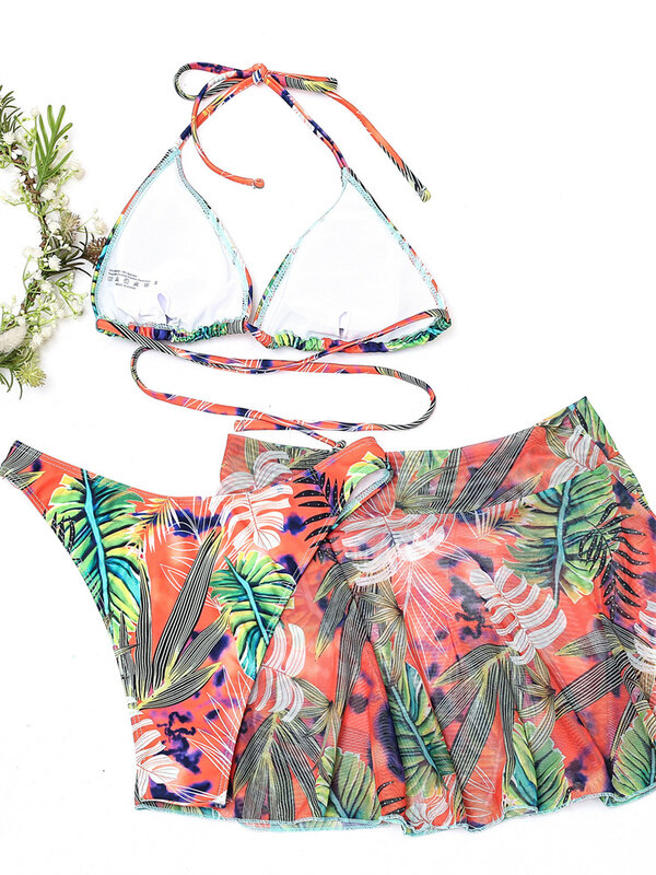 Mulheres roupa de banho sexy biquinis três peças conjunto das folhas das mulheres impressão maiôs feminino trajes de banho beach wear define 2022 novo verão