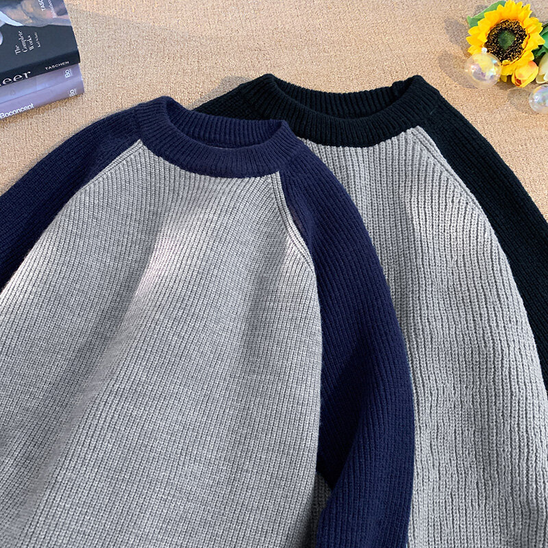 Suéteres informales de cuello redondo para hombre, Tops de punto de manga larga con contraste de Color, a la moda, primavera y otoño, I572, 2023