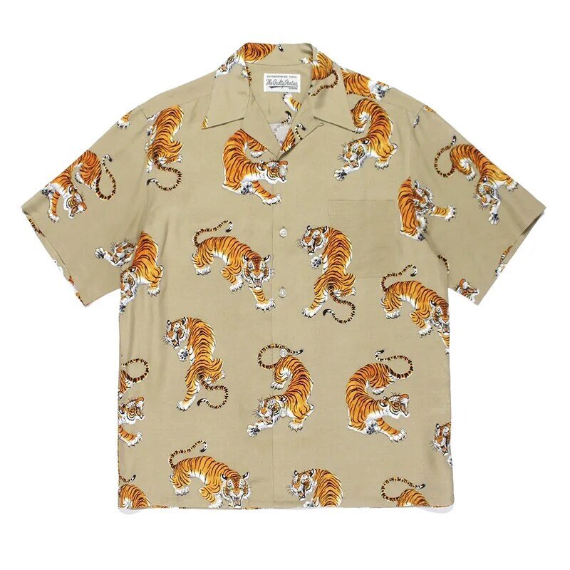 قميص منحدر النمر واكو ماريا ، بلوزة صيفية عالية الجودة ، قميص عتيق ، رقبة مقلوبة ، هاواي كم قصير ،