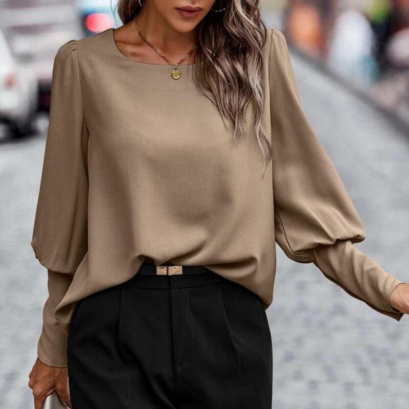 Women's Blouses Long Sleeve Elegant O-neck Long Sleeve Shirt Tops Loose Fit Crew Neck Solid Color Work Shirt Tops Female Blusas