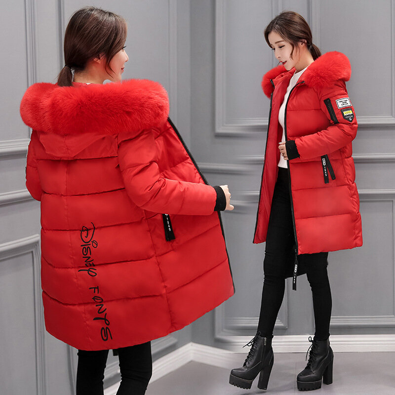 2023 Women's Down Parkas Winter Jacket Big Fur Collar Thick Slim Coat Fashion Hooded Cotton Outerwear Long Winter Woman Coat