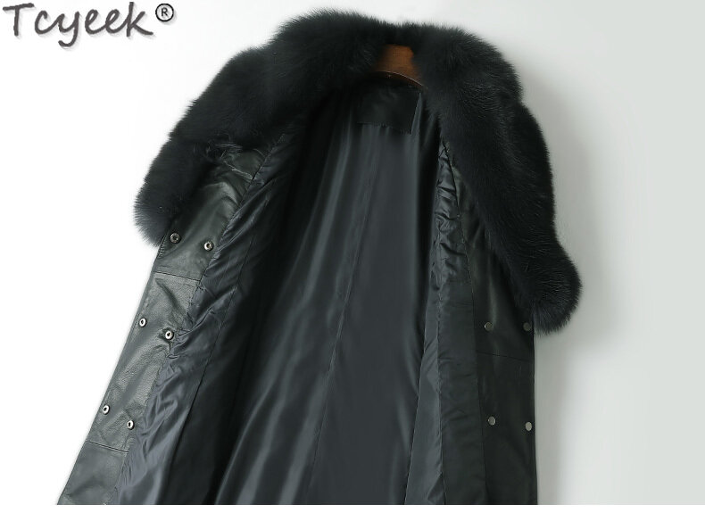 Tcyek 여성용 탑 레이어 양가죽 다운 재킷, 2023 벨트, 중간 길이 다운 코트, 겨울 여성 의류, 여우 모피 칼라